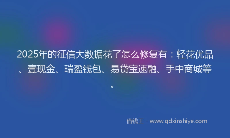 2025年的征信大数据花了怎么修复有：轻花优品、壹现金、瑞盈钱包、易贷宝速融、手中商城等。