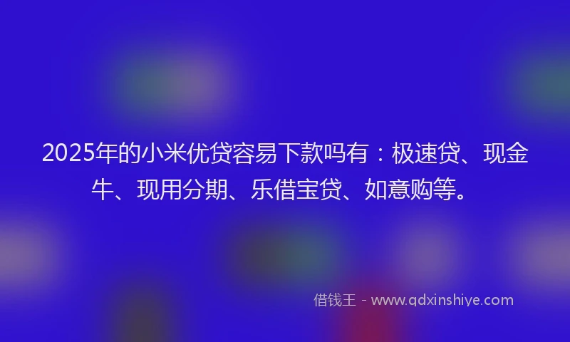 2025年的小米优贷容易下款吗有：极速贷、现金牛、现用分期、乐借宝贷、如意购等。
