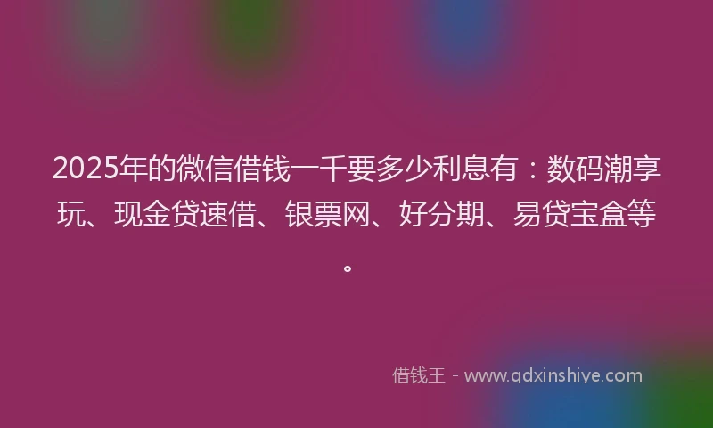 2025年的微信借钱一千要多少利息有：数码潮享玩、现金贷速借、银票网、好分期、易贷宝盒等。