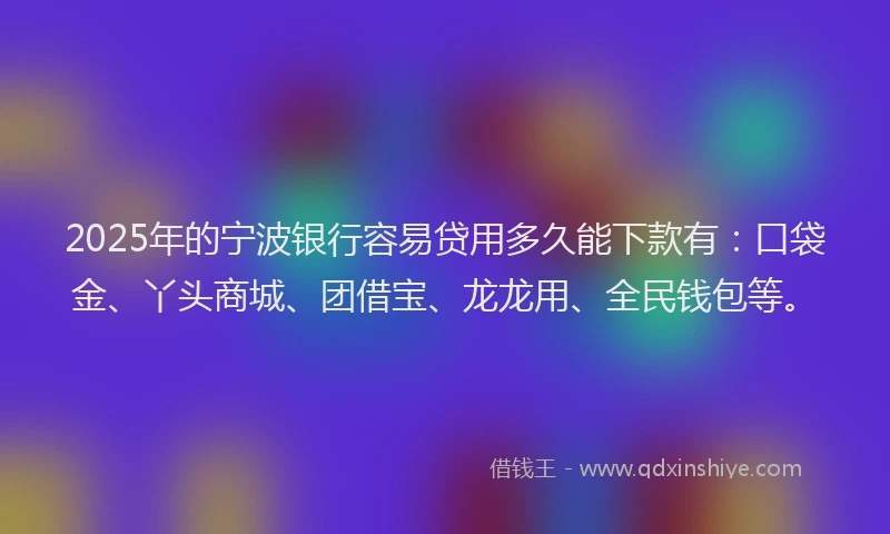 2025年的宁波银行容易贷用多久能下款有：口袋金、丫头商城、团借宝、龙龙用、全民钱包等。