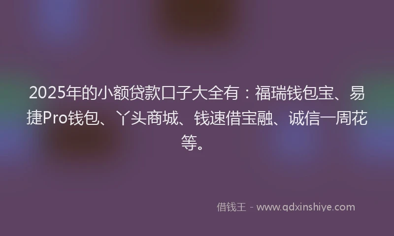 2025年的小额贷款口子大全有：福瑞钱包宝、易捷Pro钱包、丫头商城、钱速借宝融、诚信一周花等。