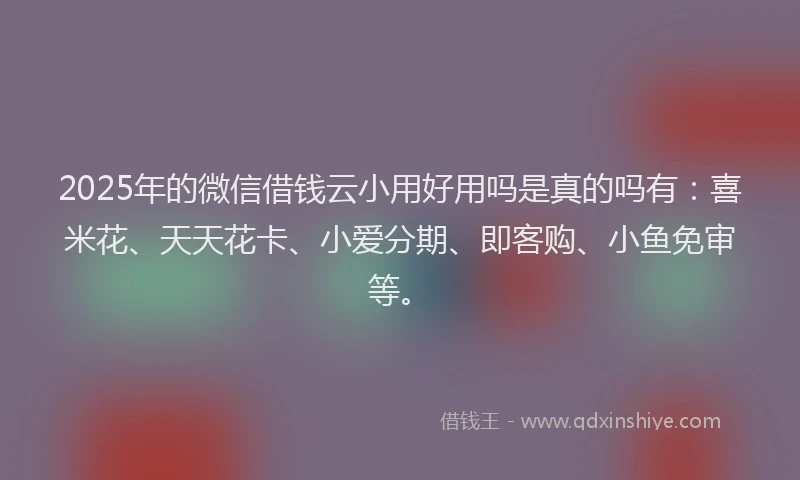 2025年的微信借钱云小用好用吗是真的吗有：喜米花、天天花卡、小爱分期、即客购、小鱼免审等。