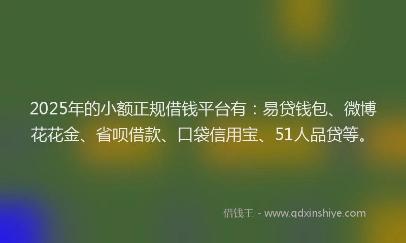 2025年的小额正规借钱平台有：易贷钱包、微博花花金、省呗借款、口袋信用宝、51人品贷等。
