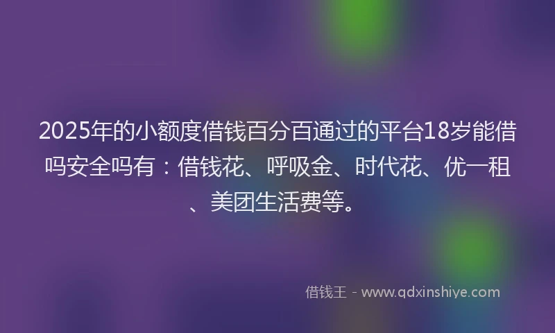 2025年的小额度借钱百分百通过的平台18岁能借吗安全吗有：借钱花、呼吸金、时代花、优一租、美团生活费等。
