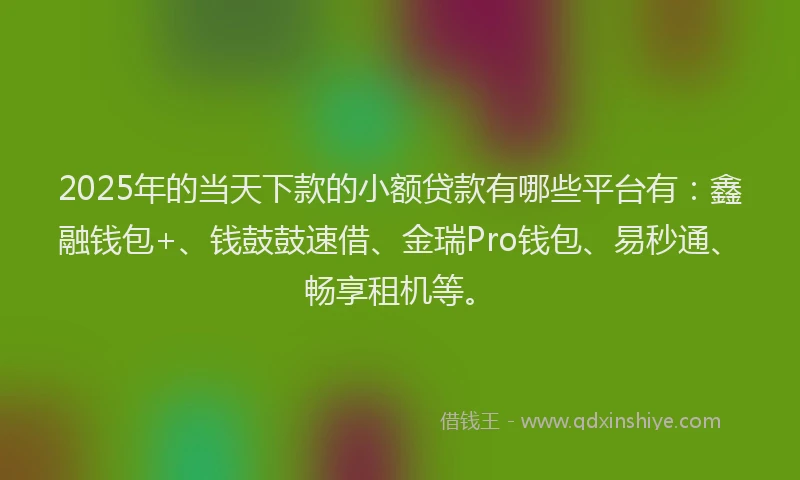2025年的当天下款的小额贷款有哪些平台有：鑫融钱包+、钱鼓鼓速借、金瑞Pro钱包、易秒通、畅享租机等。