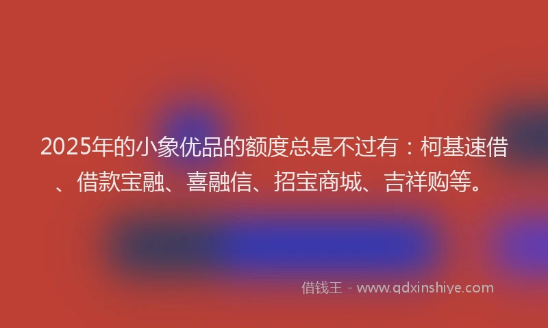 2025年的小象优品的额度总是不过有：柯基速借、借款宝融、喜融信、招宝商城、吉祥购等。
