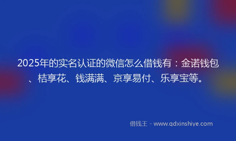 2025年的实名认证的微信怎么借钱有：金诺钱包、桔享花、钱满满、京享易付、乐享宝等。