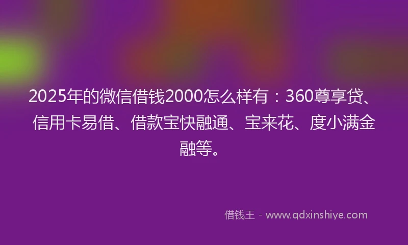 2025年的微信借钱2000怎么样有：360尊享贷、信用卡易借、借款宝快融通、宝来花、度小满金融等。