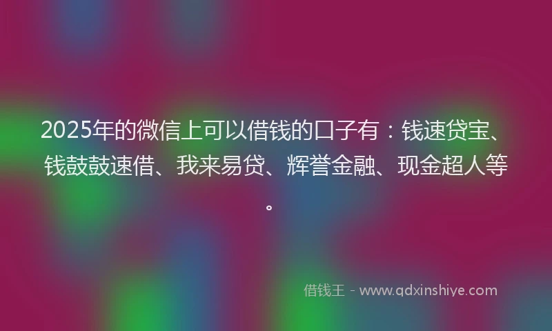 2025年的微信上可以借钱的口子有：钱速贷宝、钱鼓鼓速借、我来易贷、辉誉金融、现金超人等。