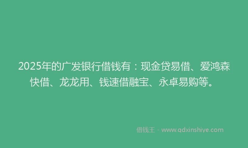 2025年的广发银行借钱有：现金贷易借、爱鸿森快借、龙龙用、钱速借融宝、永卓易购等。