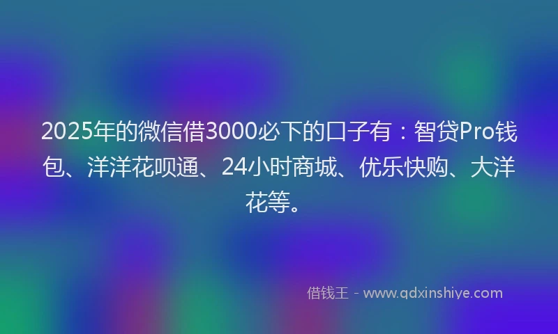 2025年的微信借3000必下的口子有：智贷Pro钱包、洋洋花呗通、24小时商城、优乐快购、大洋花等。