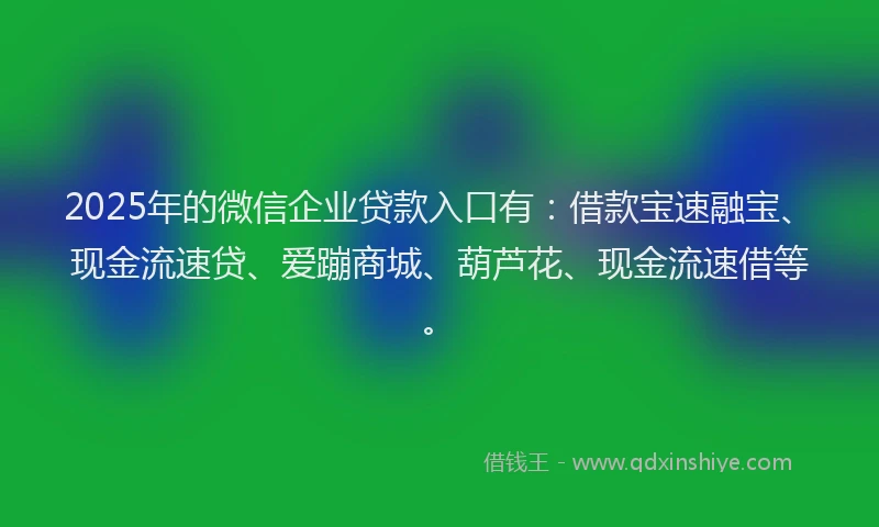 2025年的微信企业贷款入口有：借款宝速融宝、现金流速贷、爱蹦商城、葫芦花、现金流速借等。