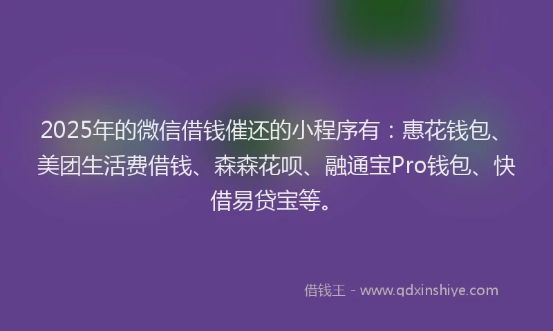 2025年的微信借钱催还的小程序有：惠花钱包、美团生活费借钱、森森花呗、融通宝Pro钱包、快借易贷宝等。