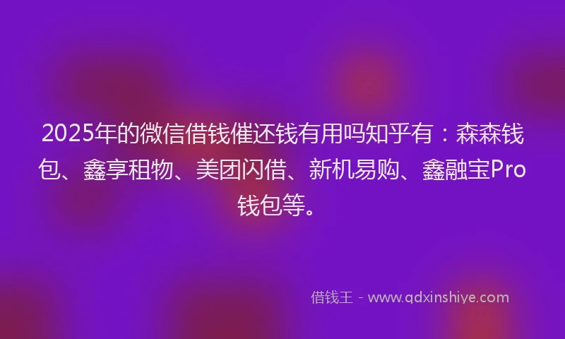 2025年的微信借钱催还钱有用吗知乎有：森森钱包、鑫享租物、美团闪借、新机易购、鑫融宝Pro钱包等。