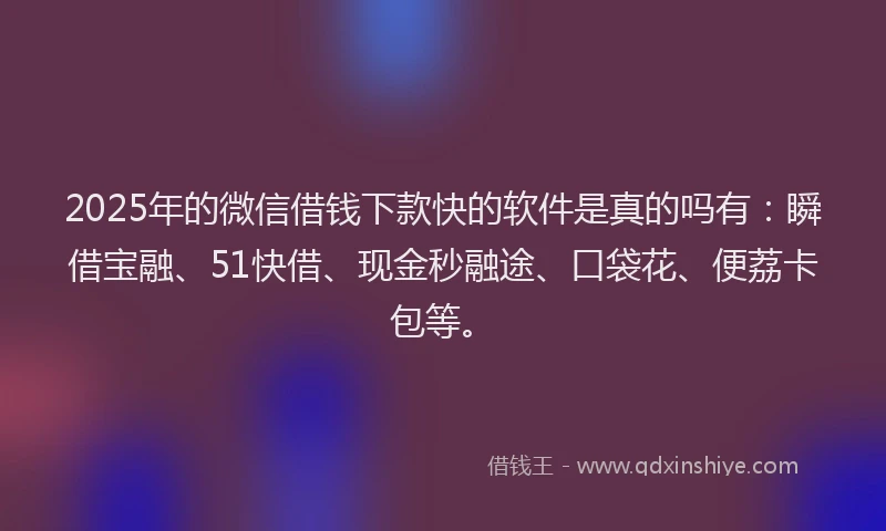 2025年的微信借钱下款快的软件是真的吗有：瞬借宝融、51快借、现金秒融途、口袋花、便荔卡包等。