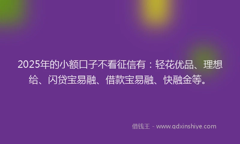 2025年的小额口子不看征信有：轻花优品、理想给、闪贷宝易融、借款宝易融、快融金等。