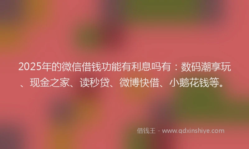 2025年的微信借钱功能有利息吗有：数码潮享玩、现金之家、读秒贷、微博快借、小鹅花钱等。