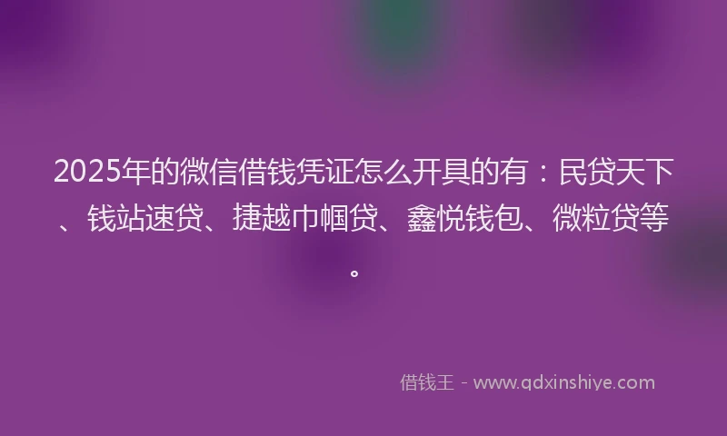2025年的微信借钱凭证怎么开具的有：民贷天下、钱站速贷、捷越巾帼贷、鑫悦钱包、微粒贷等。