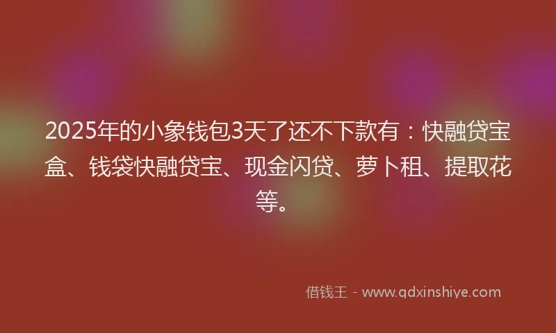 2025年的小象钱包3天了还不下款有：快融贷宝盒、钱袋快融贷宝、现金闪贷、萝卜租、提取花等。