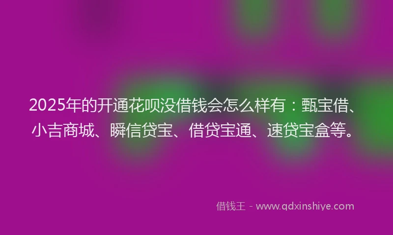2025年的开通花呗没借钱会怎么样有：甄宝借、小吉商城、瞬信贷宝、借贷宝通、速贷宝盒等。