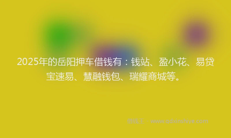 2025年的岳阳押车借钱有：钱站、盈小花、易贷宝速易、慧融钱包、瑞耀商城等。