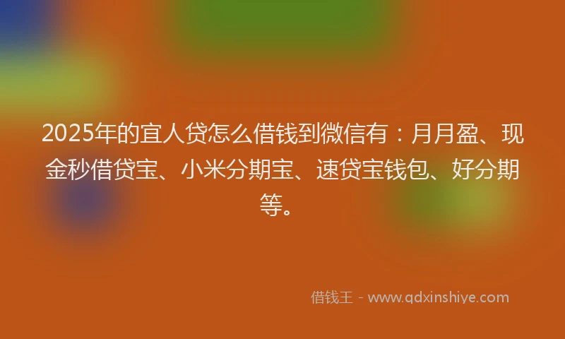 2025年的宜人贷怎么借钱到微信有:月月盈、现金秒借贷宝、小米分期宝、速贷宝钱包、好分期等。