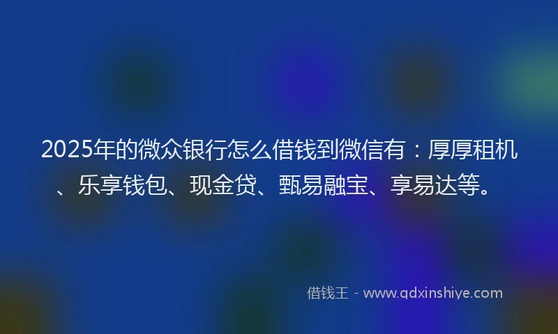 2025年的微众银行怎么借钱到微信有：厚厚租机、乐享钱包、现金贷、甄易融宝、享易达等。