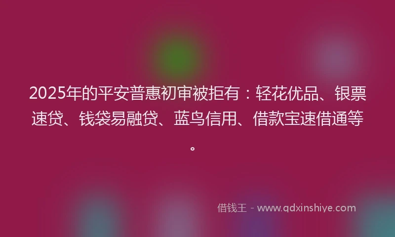 2025年的平安普惠初审被拒有：轻花优品、银票速贷、钱袋易融贷、蓝鸟信用、借款宝速借通等。