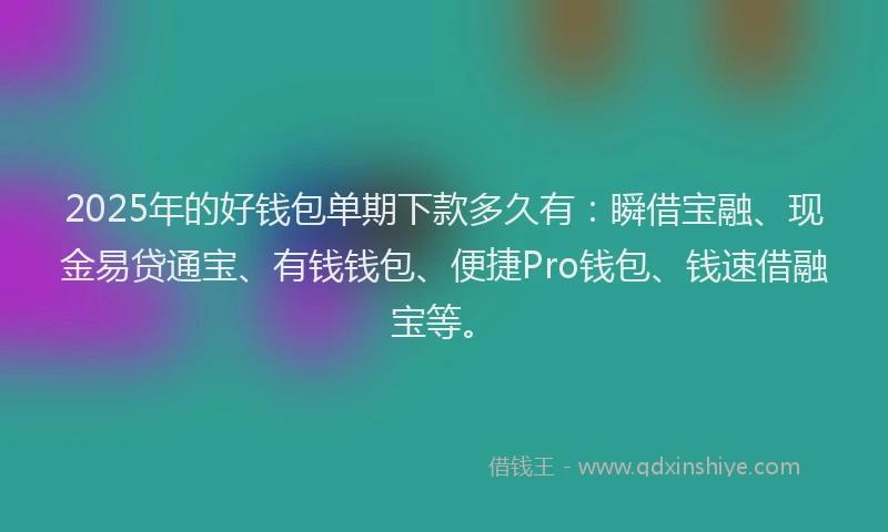 2025年的好钱包单期下款多久有：瞬借宝融、现金易贷通宝、有钱钱包、便捷Pro钱包、钱速借融宝等。