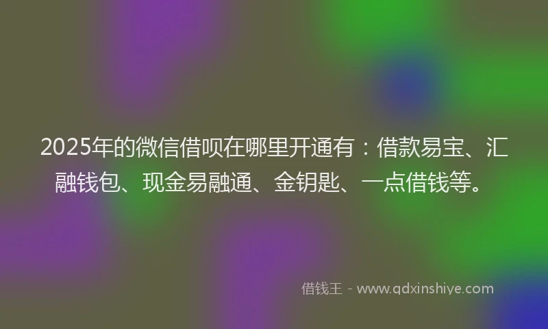 2025年的微信借呗在哪里开通有：借款易宝、汇融钱包、现金易融通、金钥匙、一点借钱等。