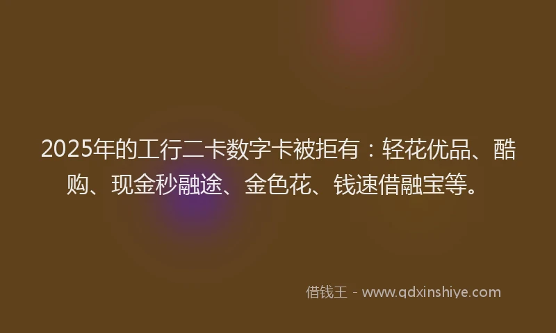 2025年的工行二卡数字卡被拒有：轻花优品、酷购、现金秒融途、金色花、钱速借融宝等。