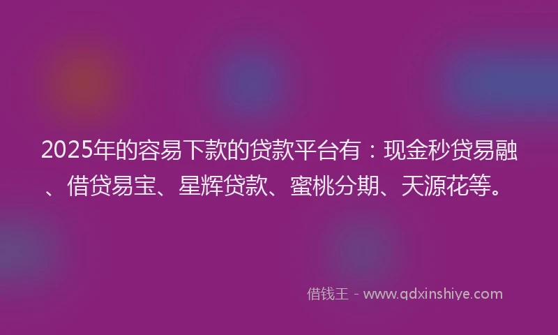 2025年的容易下款的贷款平台有：现金秒贷易融、借贷易宝、星辉贷款、蜜桃分期、天源花等。