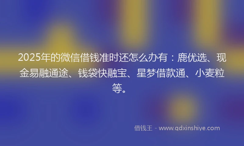 2025年的微信借钱准时还怎么办有：鹿优选、现金易融通途、钱袋快融宝、星梦借款通、小麦粒等。
