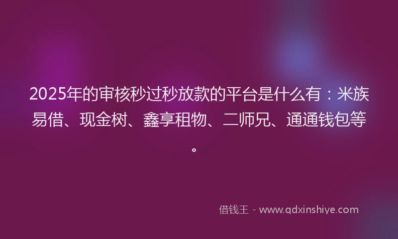 2025年的审核秒过秒放款的平台是什么有：米族易借、现金树、鑫享租物、二师兄、通通钱包等。