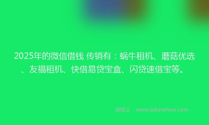2025年的微信借钱 传销有：蜗牛租机、蘑菇优选、友福租机、快借易贷宝盒、闪贷速借宝等。