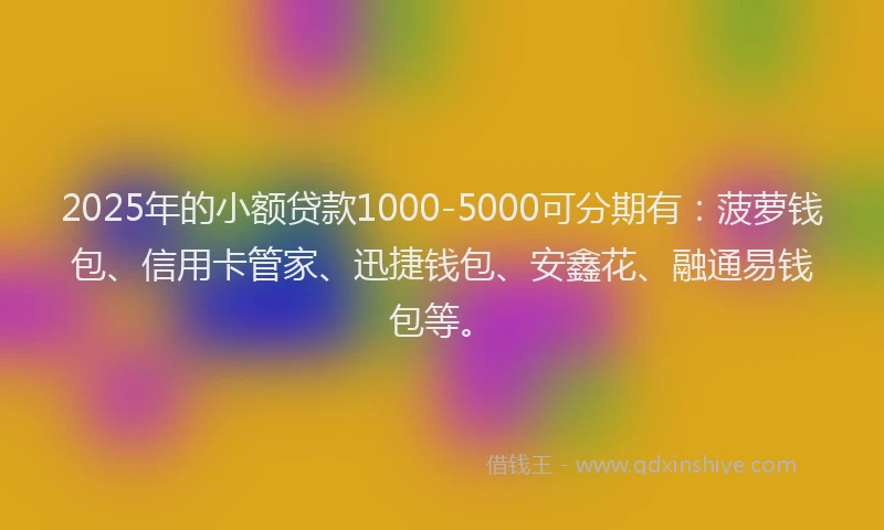 2025年的小额贷款1000-5000可分期有：菠萝钱包、信用卡管家、迅捷钱包、安鑫花、融通易钱包等。