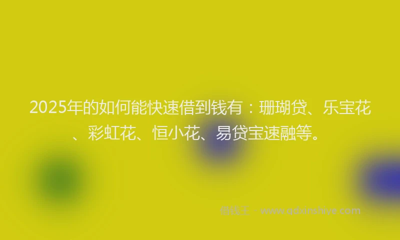 2025年的如何能快速借到钱有：珊瑚贷、乐宝花、彩虹花、恒小花、易贷宝速融等。