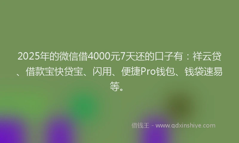 2025年的微信借4000元7天还的口子有：祥云贷、借款宝快贷宝、闪用、便捷Pro钱包、钱袋速易等。