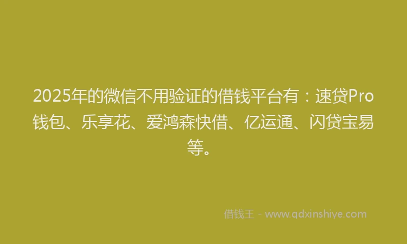 2025年的微信不用验证的借钱平台有：速贷Pro钱包、乐享花、爱鸿森快借、亿运通、闪贷宝易等。