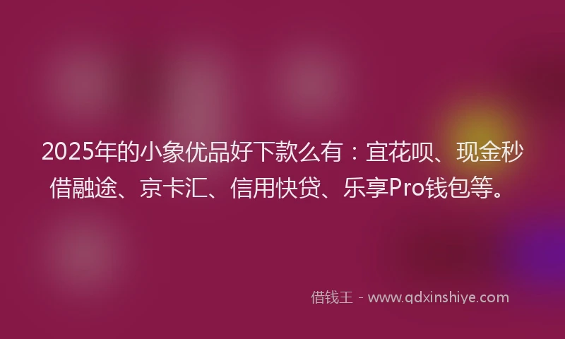 2025年的小象优品好下款么有：宜花呗、现金秒借融途、京卡汇、信用快贷、乐享Pro钱包等。