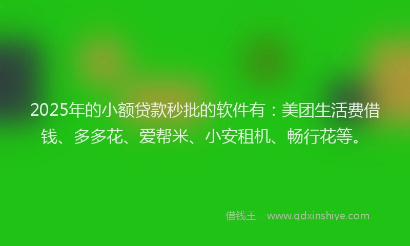 2025年的小额贷款秒批的软件有：美团生活费借钱、多多花、爱帮米、小安租机、畅行花等。