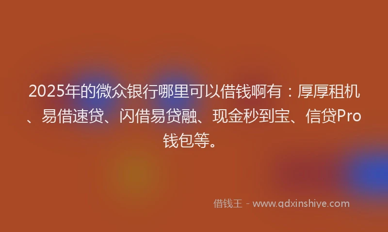 2025年的微众银行哪里可以借钱啊有：厚厚租机、易借速贷、闪借易贷融、现金秒到宝、信贷Pro钱包等。
