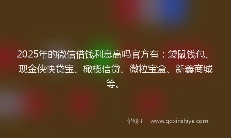 2025年的微信借钱利息高吗官方有：袋鼠钱包、现金侠快贷宝、橄榄信贷、微粒宝盒、新鑫商城等。