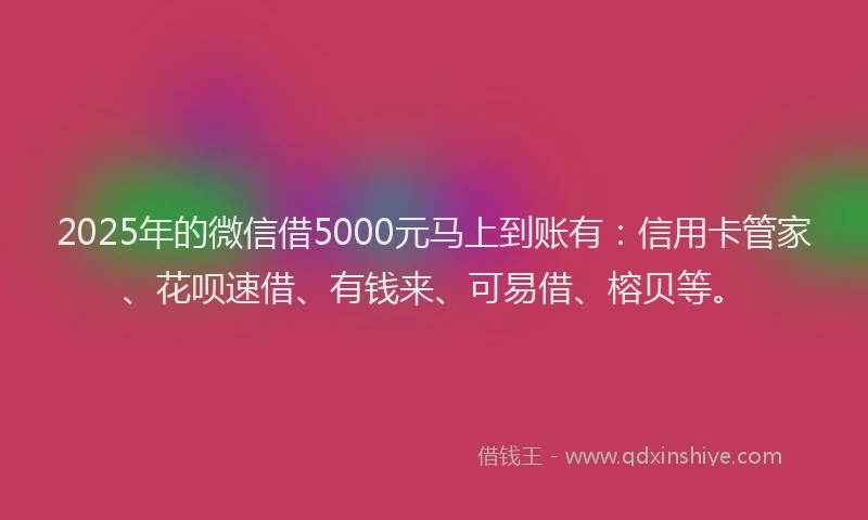 2025年的微信借5000元马上到账有：信用卡管家、花呗速借、有钱来、可易借、榕贝等。