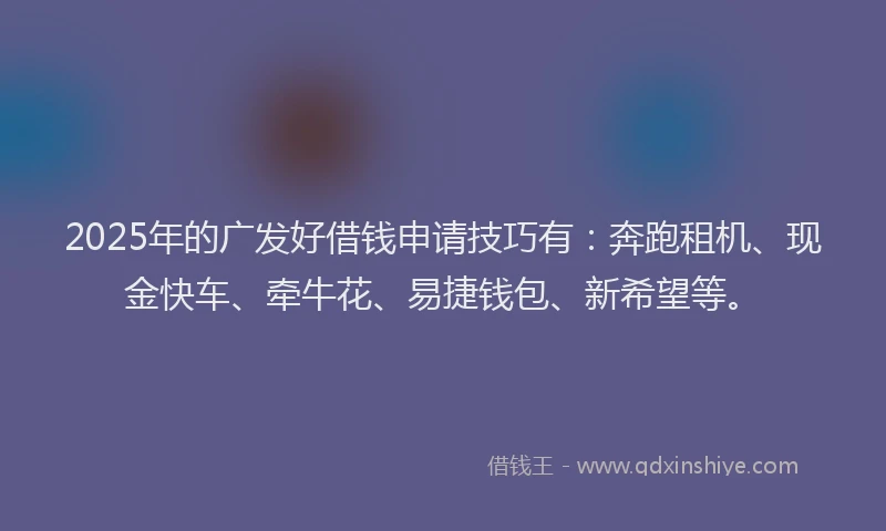 2025年的广发好借钱申请技巧有：奔跑租机、现金快车、牵牛花、易捷钱包、新希望等。
