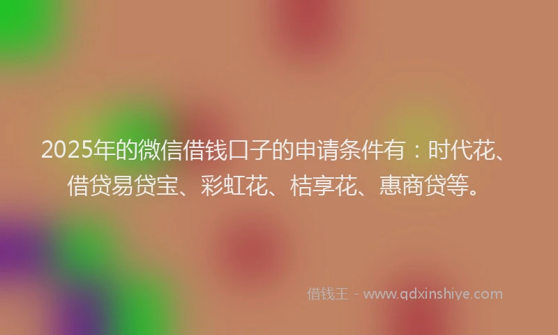 2025年的微信借钱口子的申请条件有：时代花、借贷易贷宝、彩虹花、桔享花、惠商贷等。