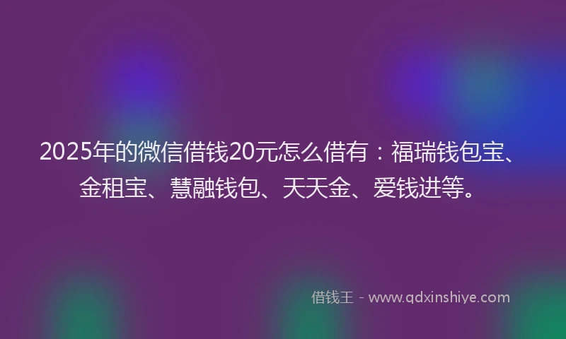 2025年的微信借钱20元怎么借有：福瑞钱包宝、金租宝、慧融钱包、天天金、爱钱进等。