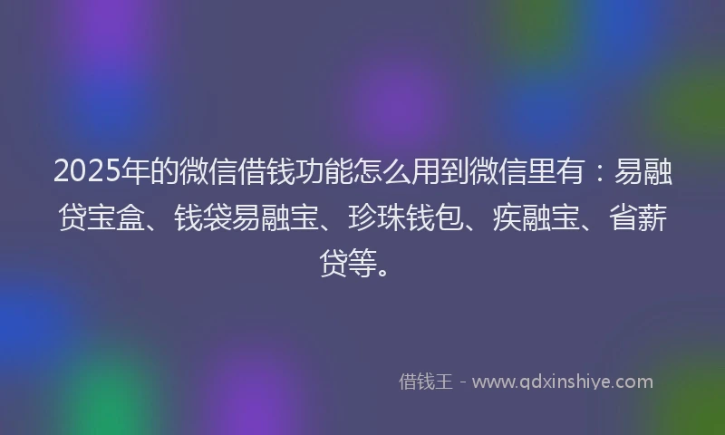2025年的微信借钱功能怎么用到微信里有：易融贷宝盒、钱袋易融宝、珍珠钱包、疾融宝、省薪贷等。