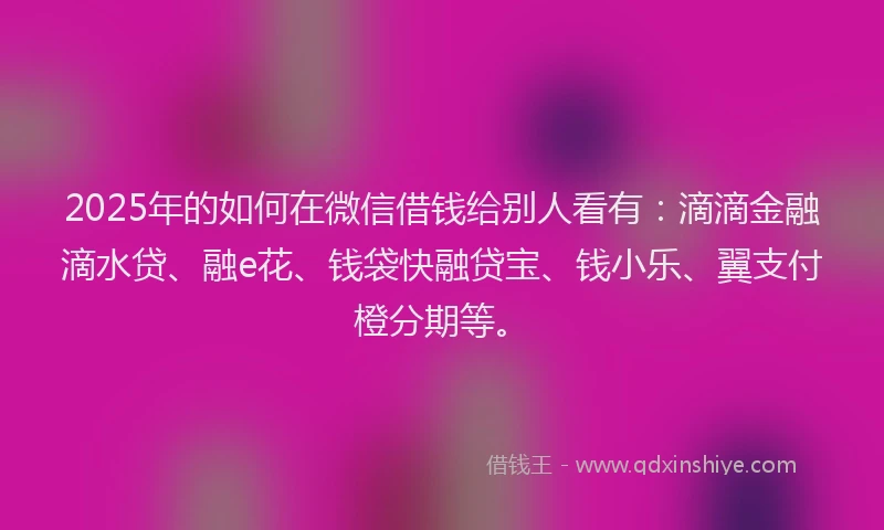 2025年的如何在微信借钱给别人看有：滴滴金融滴水贷、融e花、钱袋快融贷宝、钱小乐、翼支付橙分期等。