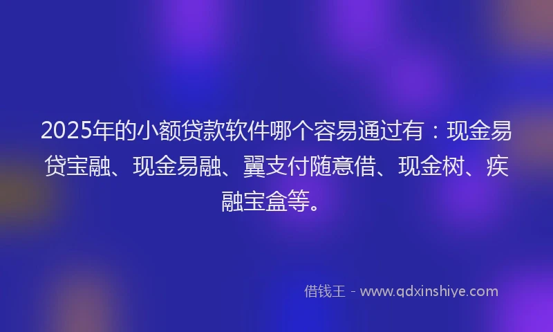 2025年的小额贷款软件哪个容易通过有：现金易贷宝融、现金易融、翼支付随意借、现金树、疾融宝盒等。